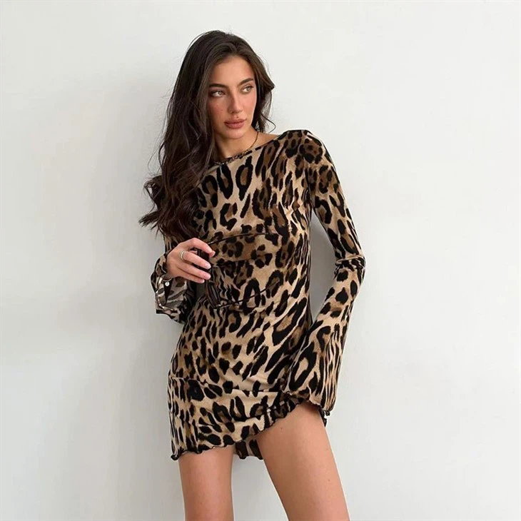 Leopard Print Long Sleeve Bodycon Mini Dress For Women