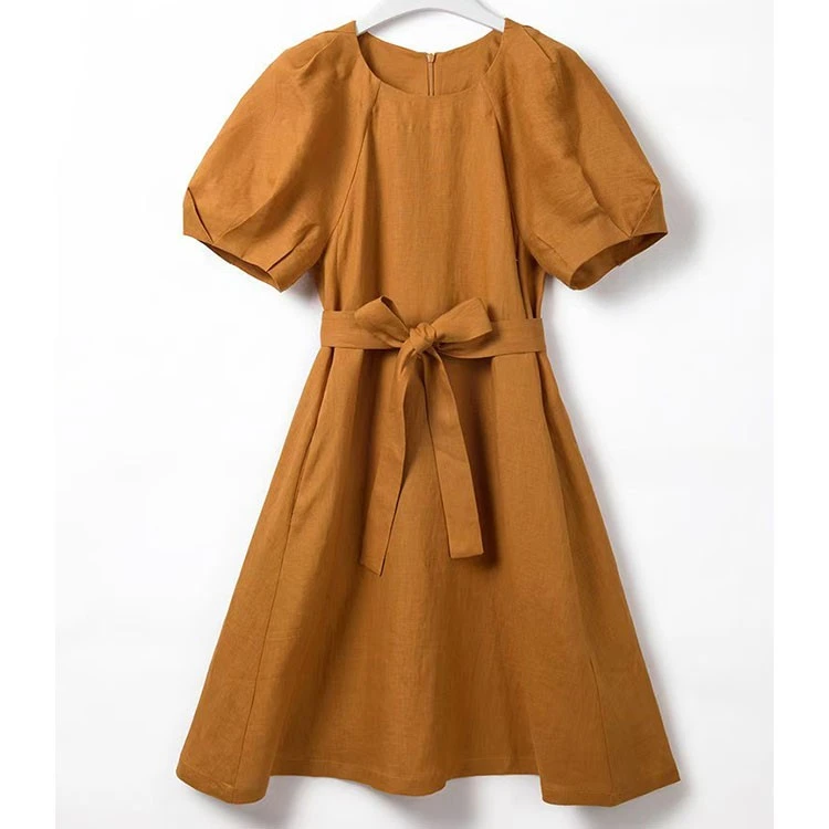 Custom Summer Elegant Belt Short Sleeve Round Neckline Back With Zipper 100% Linen Dress Linen Cotton Dress