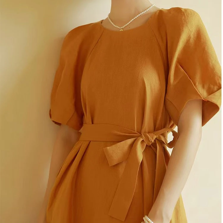 Custom Summer Elegant Belt Short Sleeve Round Neckline Back With Zipper 100% Linen Dress Linen Cotton Dress