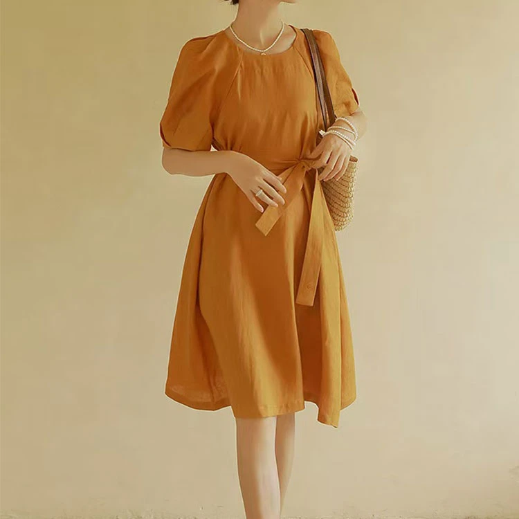 Custom Summer Elegant Belt Short Sleeve Round Neckline Back With Zipper 100% Linen Dress Linen Cotton Dress