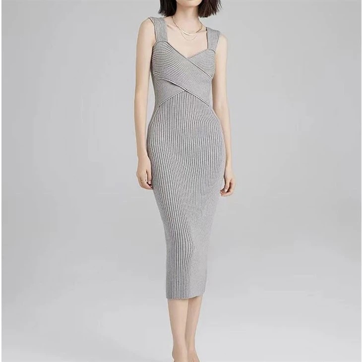 Elegant Sleeveless Ribbed Knit Midi Dress For Women