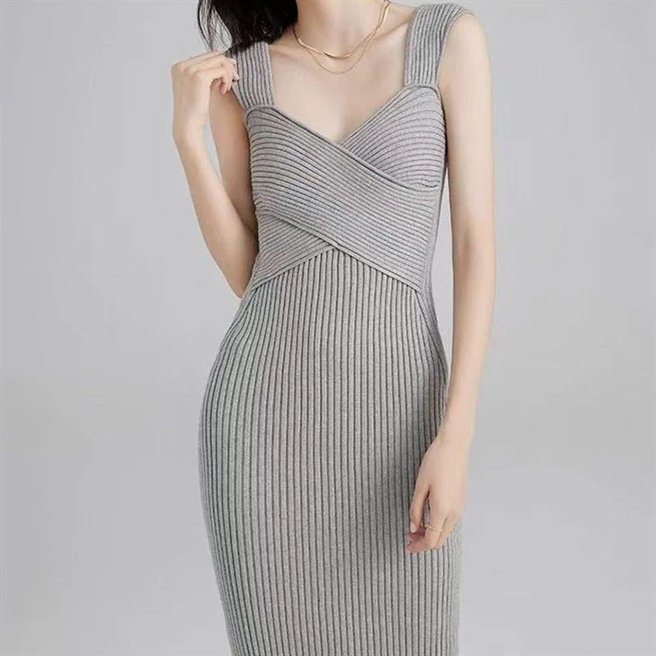 Elegant Sleeveless Ribbed Knit Midi Dress For Women