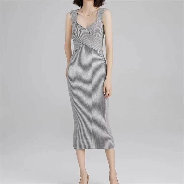 Elegant Sleeveless Ribbed Knit Midi Dress For Women