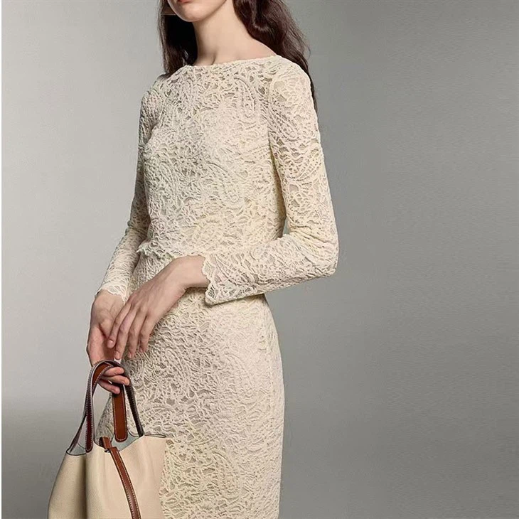 New Round Neck Long Sleeve Lace Two-piece Suit Knitted Blouse High Waist Long Skirt Women's Outfits