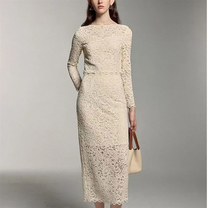 New Round Neck Long Sleeve Lace Two-piece Suit Knitted Blouse High Waist Long Skirt Women's Outfits