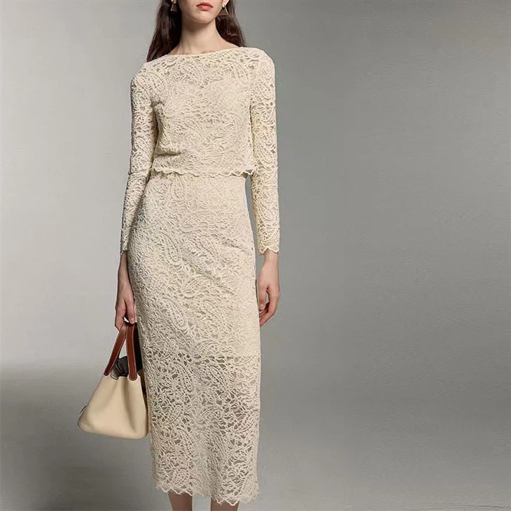 New Round Neck Long Sleeve Lace Two-piece Suit Knitted Blouse High Waist Long Skirt Women's Outfits