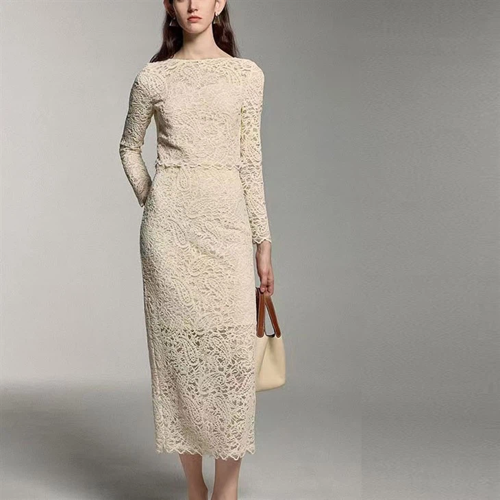 New Round Neck Long Sleeve Lace Two-piece Suit Knitted Blouse High Waist Long Skirt Women's Outfits