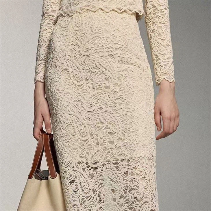 New Round Neck Long Sleeve Lace Two-piece Suit Knitted Blouse High Waist Long Skirt Women's Outfits
