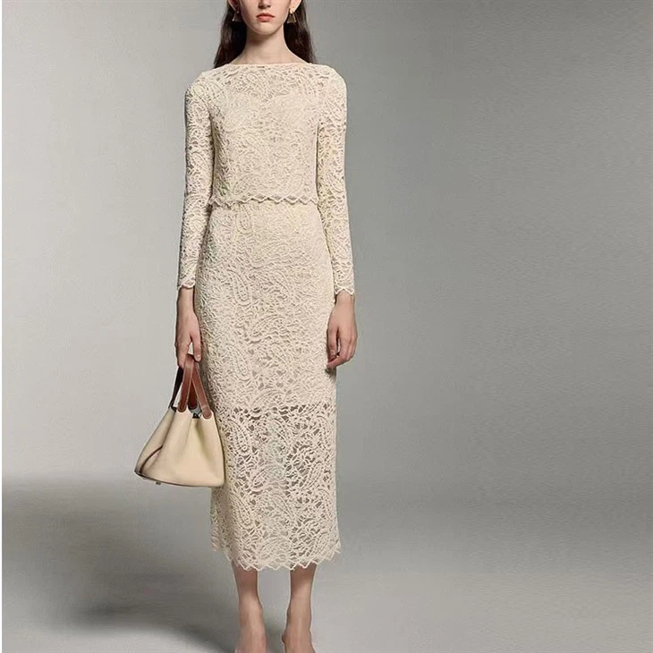 New Round Neck Long Sleeve Lace Two-piece Suit Knitted Blouse High Waist Long Skirt Women's Outfits