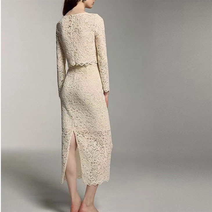 New Round Neck Long Sleeve Lace Two-piece Suit Knitted Blouse High Waist Long Skirt Women's Outfits