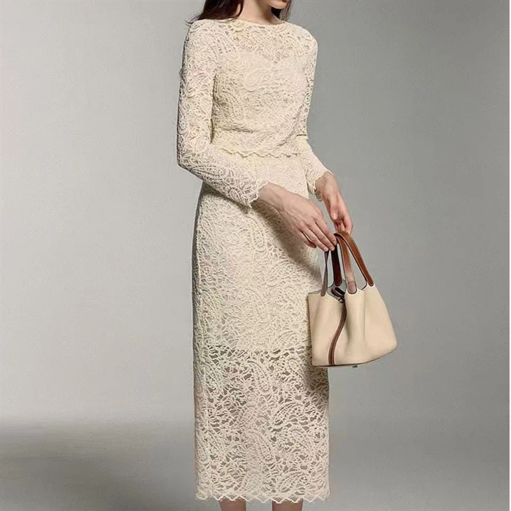 New Round Neck Long Sleeve Lace Two-piece Suit Knitted Blouse High Waist Long Skirt Women's Outfits