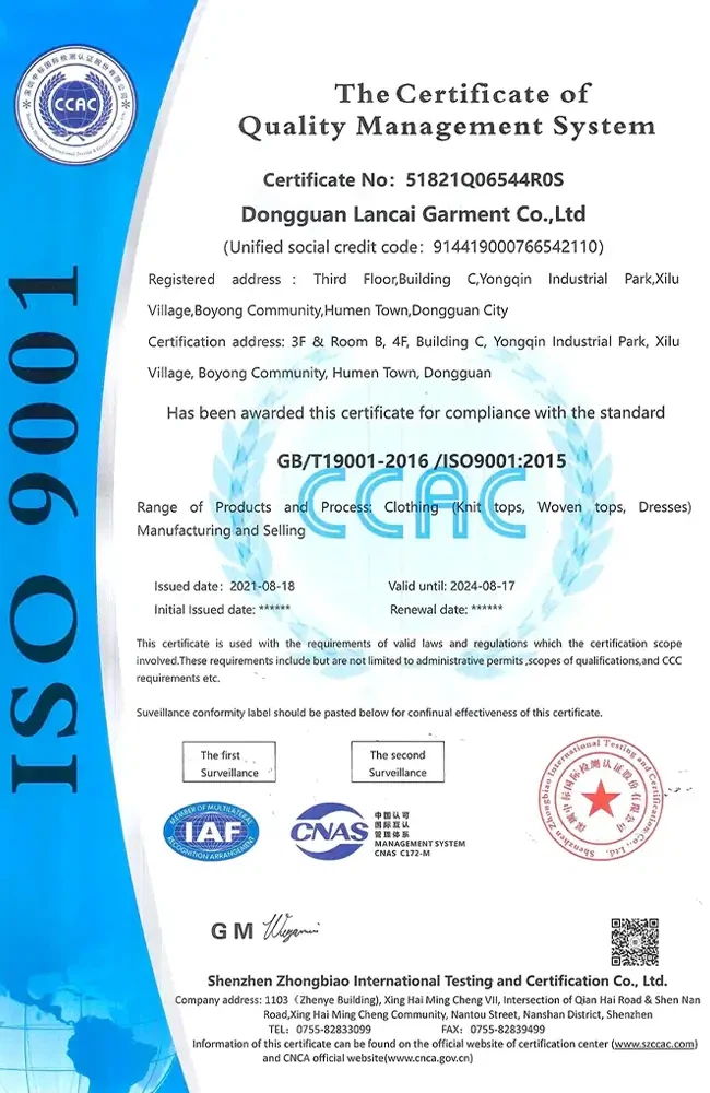 ISO 9001ofLancaiGarment Manufacturer-LP ISO 9001ofLancaiGarment Manufacturer-LP